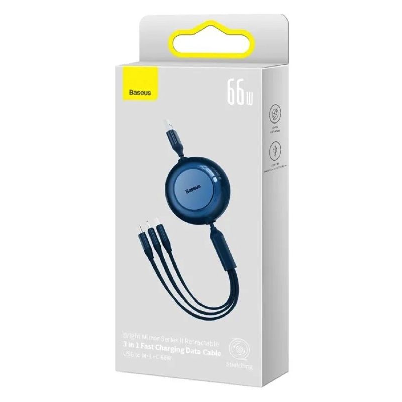 Кабель Baseus Bright Mirror 2 Series Retractable 3-in-1 Fast Charging  Data Cable USB to M+L+C 66W 1.1m Blue