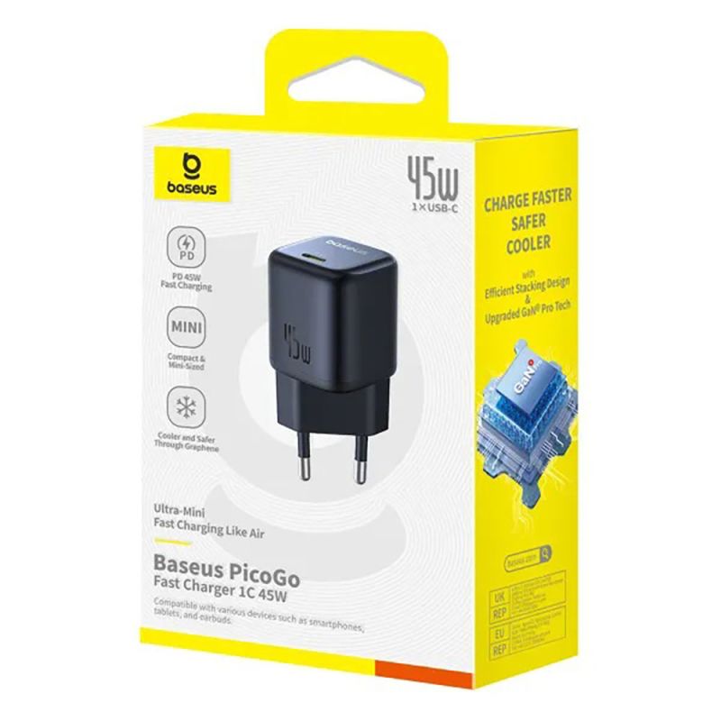 Мережевий зарядний пристрій Baseus PicoGo GaN Fast Charger 1C 45W EU Cosmic Black