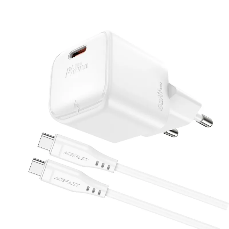 Мережевий зарядний пристрій з кабелем ACEFAST A73 mini PD20W GaN single USB-C charger set (C3-03) White