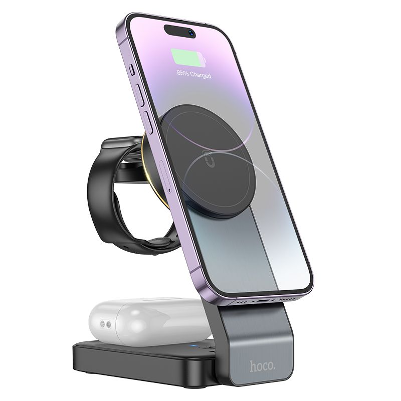 Бездротовий мультизарядний пристрій HOCO CQ3 Motorcycle folding 3-in-1 magnetic wireless fast charger Black