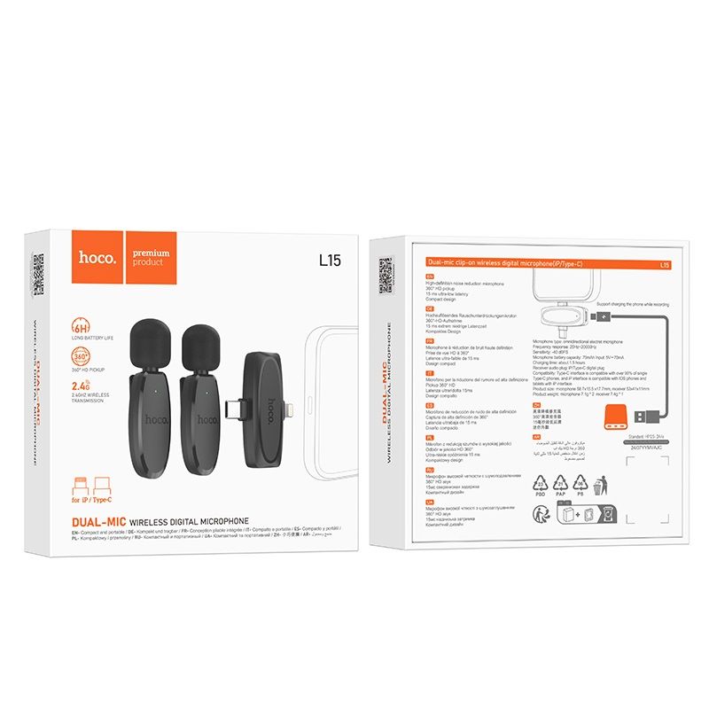 Бездротова мікрофонна система HOCO L15 Dual-mic clip-on wireless digital microphone (iP/Type-C) Black