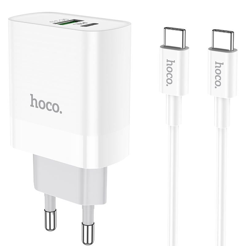 Мережевий зарядний пристрій з кабелем HOCO C80A Rapido PD20W+QC3.0 charger set (Type-C TO Type-C)(EU) White