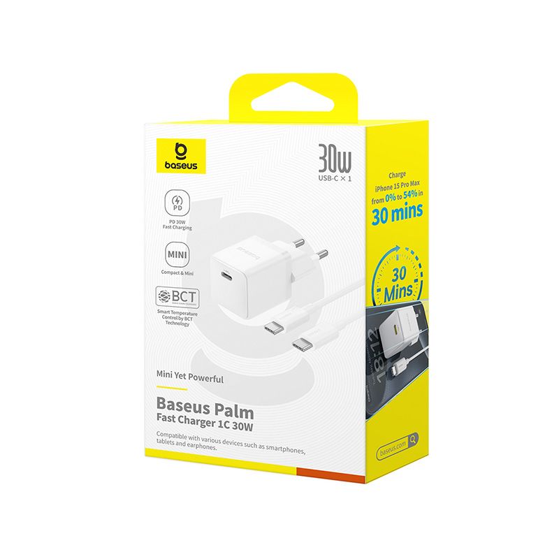 Мережевий зарядний пристрій з кабелем Baseus Palm Fast Charger 1C 30W EU Moon White(With:Baseus Mini White Cable C to C 60W(20V/3A) 1m Moon White)