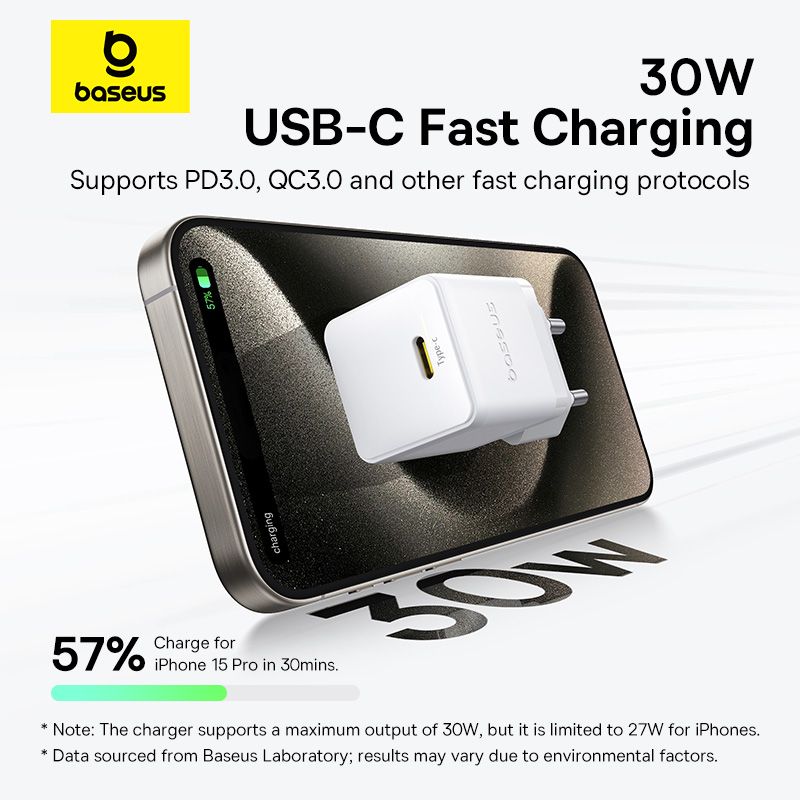 Мережевий зарядний пристрій з кабелем Baseus Palm Fast Charger 1C 30W EU Moon White(With:Baseus Mini White Cable C to C 60W(20V/3A) 1m Moon White)