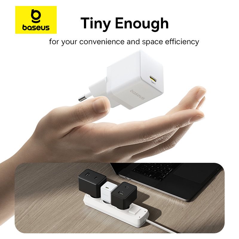 Мережевий зарядний пристрій з кабелем Baseus Palm Fast Charger 1C 30W EU Moon White(With:Baseus Mini White Cable C to C 60W(20V/3A) 1m Moon White)