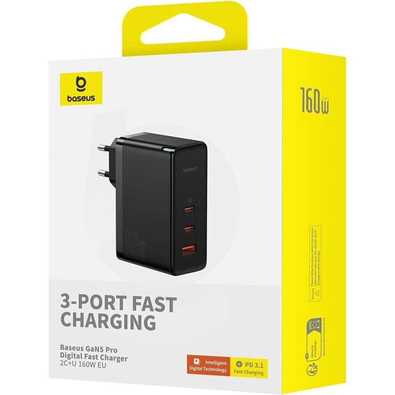 Мережевий зарядний пристрій з кабелем Baseus GaN5 Pro Digital Fast Charger 2C+U 160W Cluster Black (With Superior Charging Data Cable C to С)