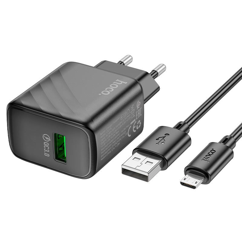 Мережевий зарядний пристрій з кабелем HOCO CS21A Rich single port QC3.0 charger set(Micro)(EU) Black