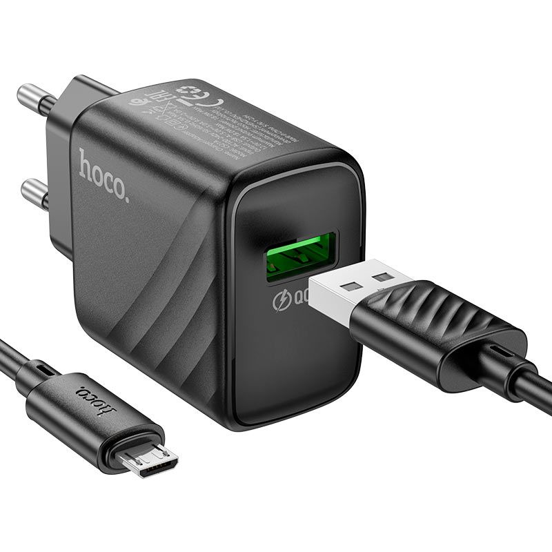 Мережевий зарядний пристрій з кабелем HOCO CS21A Rich single port QC3.0 charger set(Micro)(EU) Black