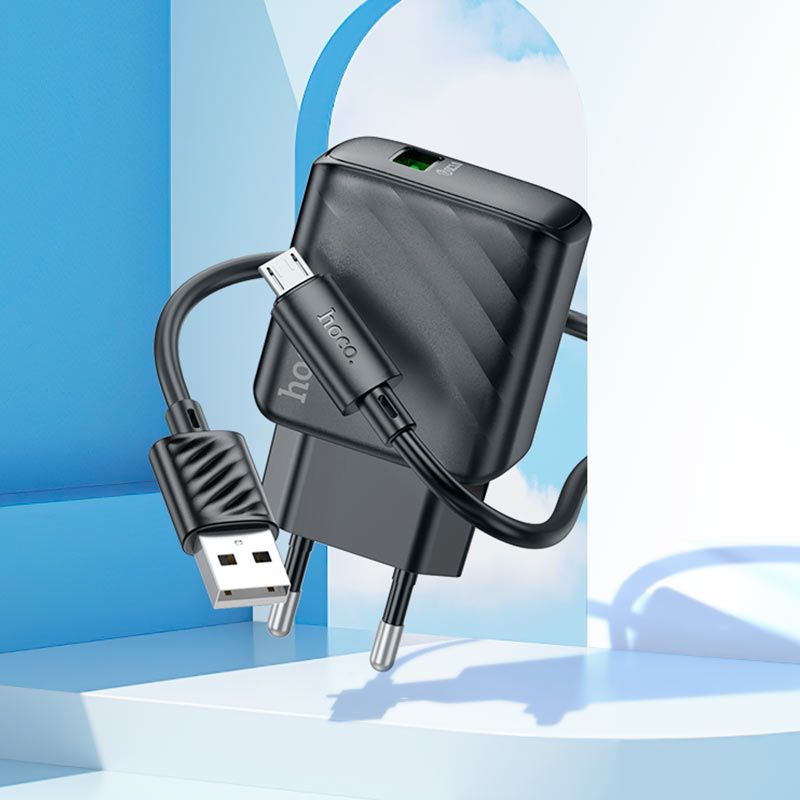 Мережевий зарядний пристрій з кабелем HOCO CS21A Rich single port QC3.0 charger set(Micro)(EU) Black