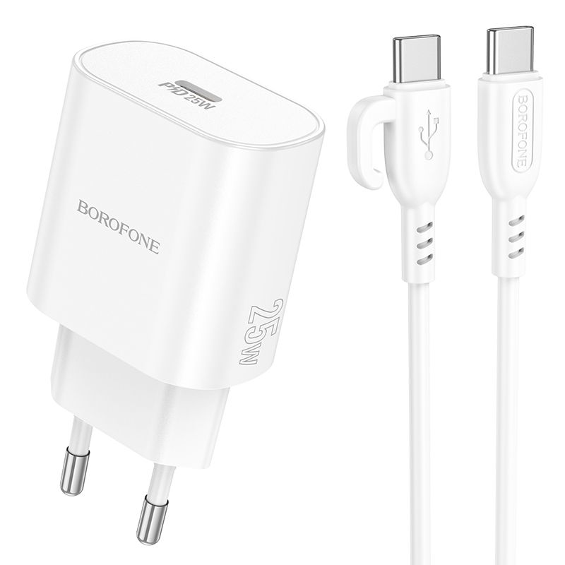 Мережевий зарядний пристрій з кабелем BOROFONE BA82A Platinum single port PD25W charger set(C to C)(EU) White