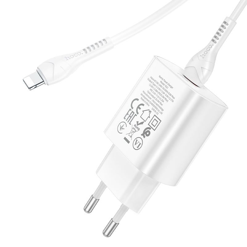Мережевий зарядний пристрій з кабелем HOCO N22 Jetta PD25W charger set (Type-C to iP)(EU) White