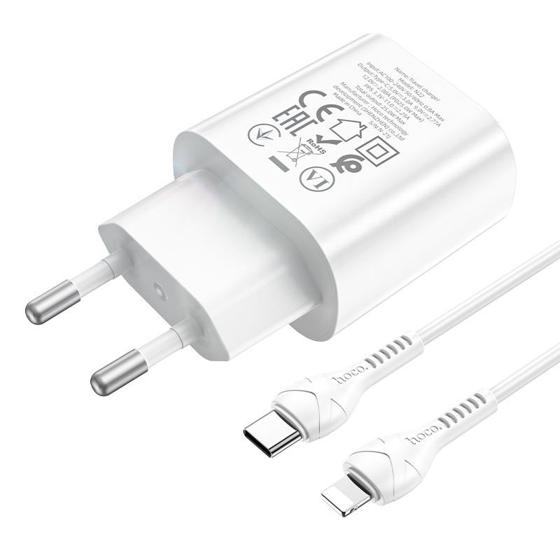 Мережевий зарядний пристрій з кабелем HOCO N22 Jetta PD25W charger set (Type-C to iP)(EU) White