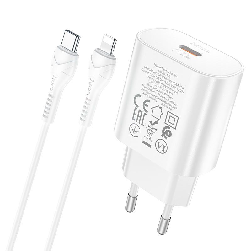 Мережевий зарядний пристрій з кабелем HOCO N22 Jetta PD25W charger set (Type-C to iP)(EU) White