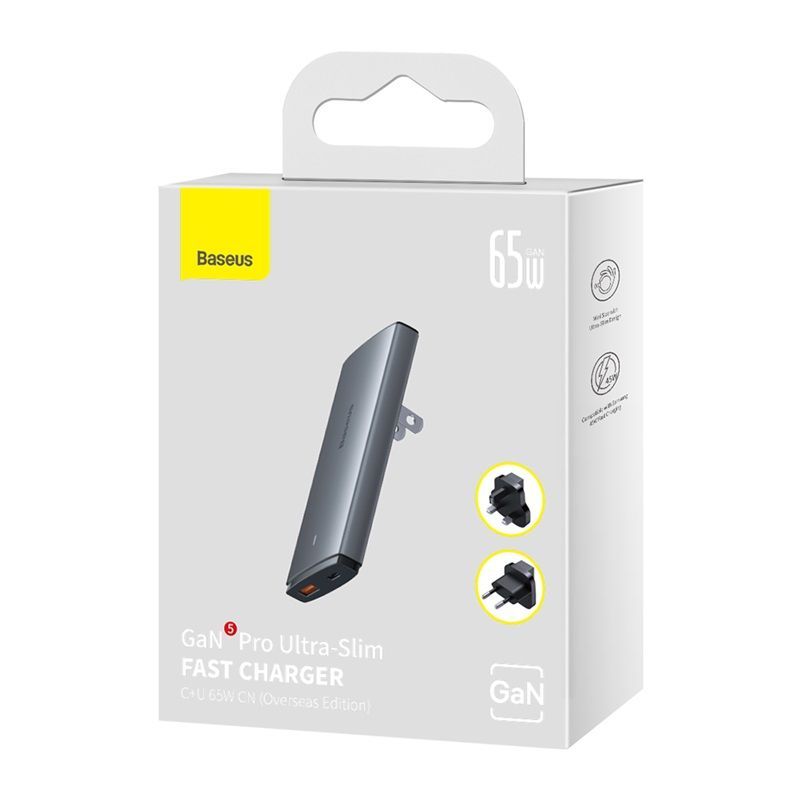 Мережевий зарядний пристрій з  кабелем Baseus GaN5 Pro Ultra-Slim Fast Charger C+U 65W Gray((With Mini White Cable C to C 100W(20V/5A) 1m Black)