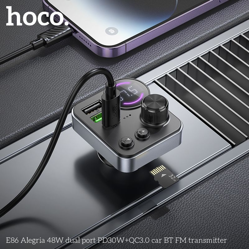 АЗП з FM-модулятором HOCO E86 Alegria 48W dual port PD30W+QC3.0 car BT FM transmitter Black