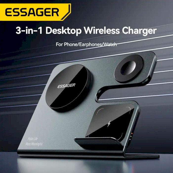 Бездротовий мультизарядний пристрій Essager  Ruicheng desktop magnetic suction 15W (3 in 1)  black