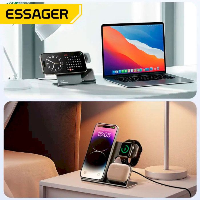 Бездротовий мультизарядний пристрій Essager  Ruicheng desktop magnetic suction 15W (3 in 1)  black