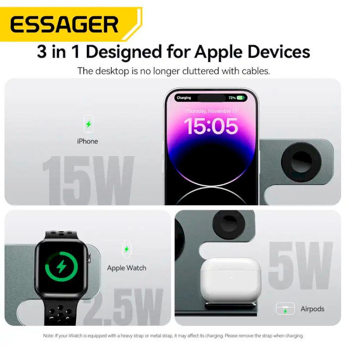 Бездротовий мультизарядний пристрій Essager  Ruicheng desktop magnetic suction 15W (3 in 1)  black