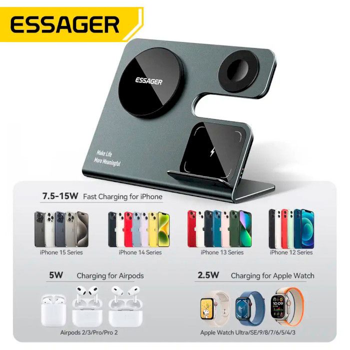 Бездротовий мультизарядний пристрій Essager  Ruicheng desktop magnetic suction 15W (3 in 1)  black