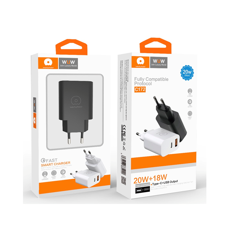 Мережевий зарядний пристрій WUW-C172 20W PD USB-C + USB QC3.0 18W black