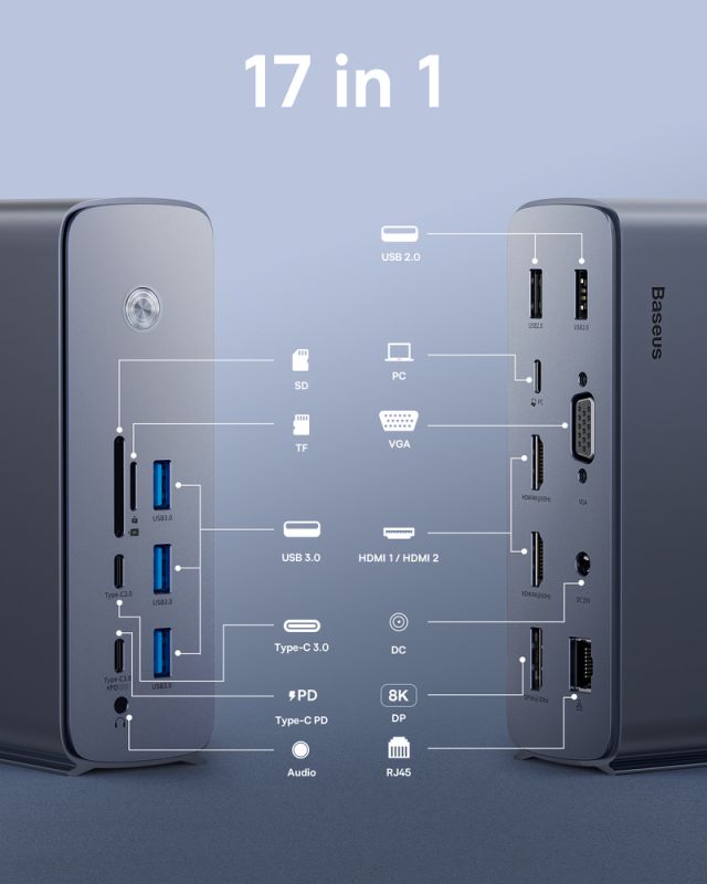 USB-хаб Baseus UnionJoy 17-Port Triple-Display  Docking Station Space Grey（USB-C to HDMI4K@60Hz*2+DP4K@60Hz*1+USB3.0*3+USB-C3.0*2+USB2.0*2+PD*1+PC*1+
