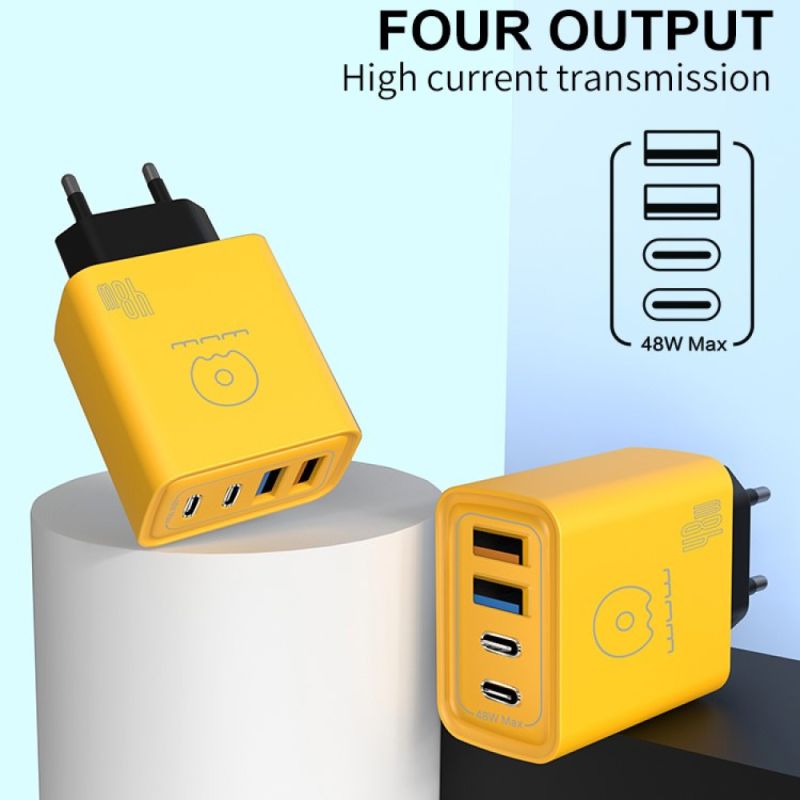 Мережевий зарядний пристрій WUW-C212 48W Charger 2 USB C +  2 USB C yellow
