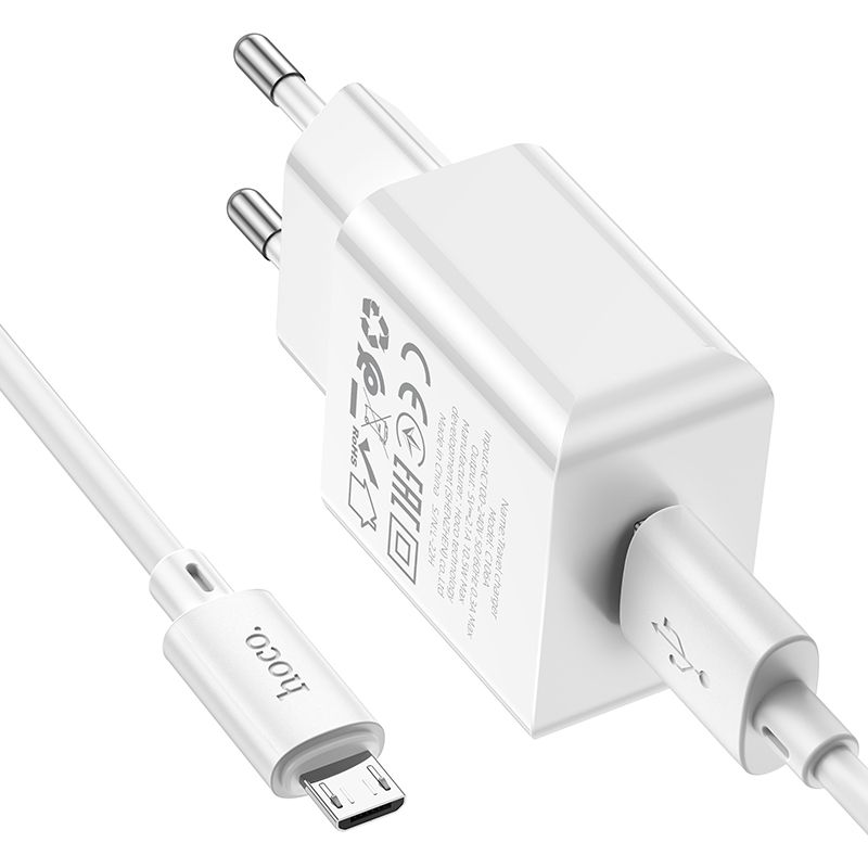 Мережевий зарядний пристрій з кабелем HOCO C106A Leisure single port charger set(Micro) 10.5W White