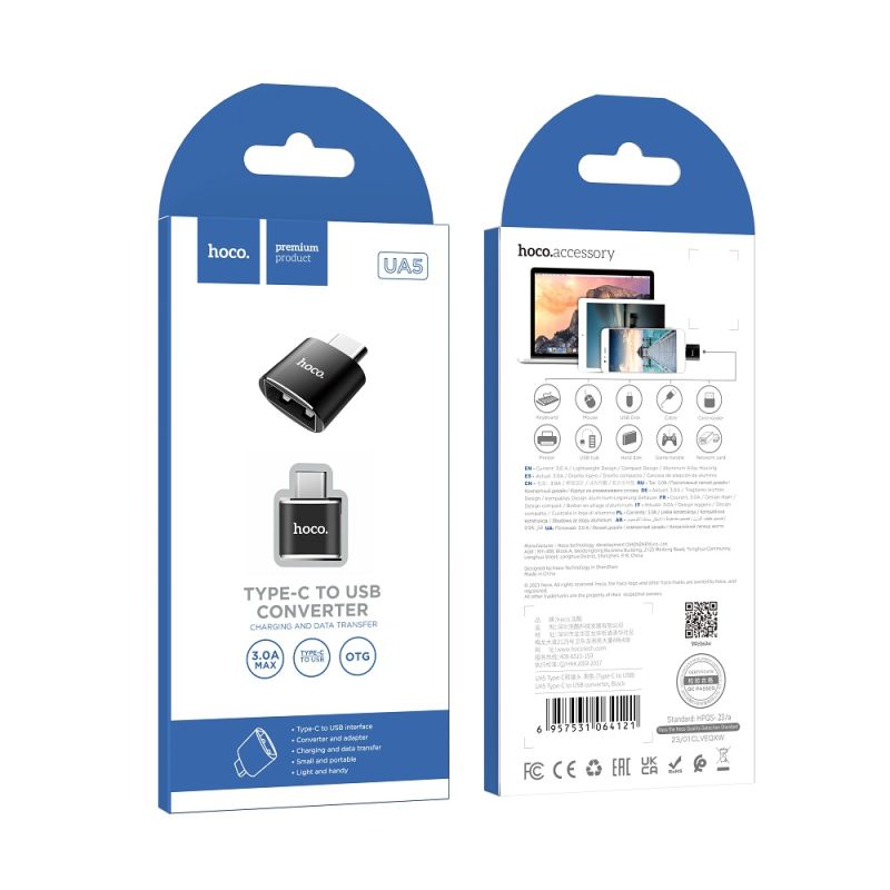 Перехідник HOCO UA36B C male to USB female OTG transparent adapter Black