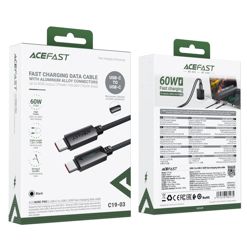 Кабель ACEFAST C19-03, Type-C to Type-C, 60W, 1.2m, Nylon Braid, Aluminum Alloy connectors, Black