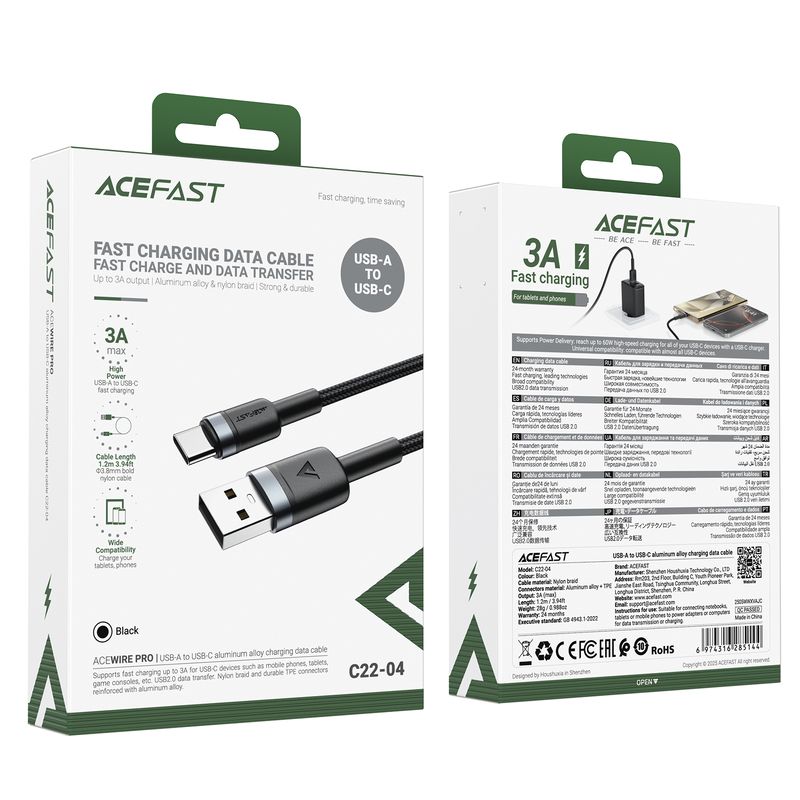 Кабель ACEFAST C22-04, USB to Type-C, 3A, 1.2m, Nylon Braid, Aluminum Alloy + TPE connectors, Black