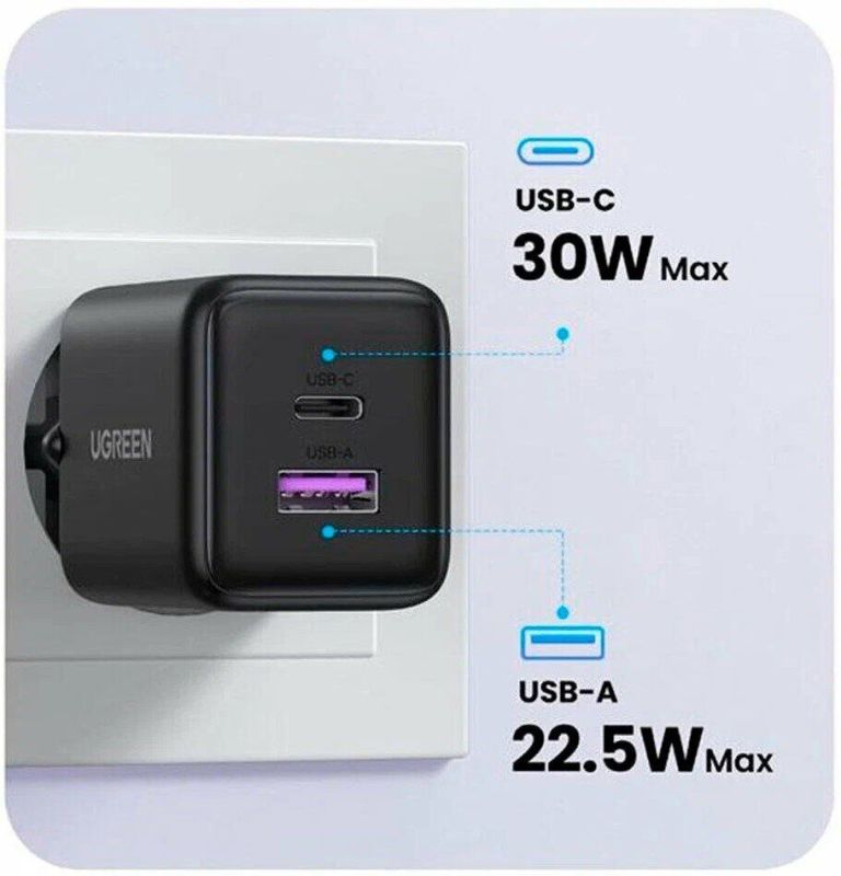 Мережевий зарядний пристрій UGREEN X516 30W 2-Port GaN Fast Charger EU Black