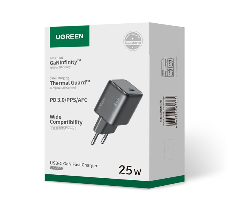 Мережевий зарядний пристрій з кабелем UGREEN X517 25W USB-C GaN Fast Charger Set EU+1M CC Cable black